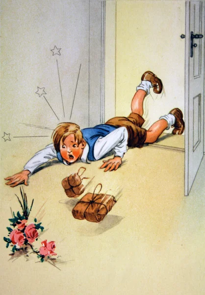 Boy with gifts fell at the entrance — Stock Photo, Image