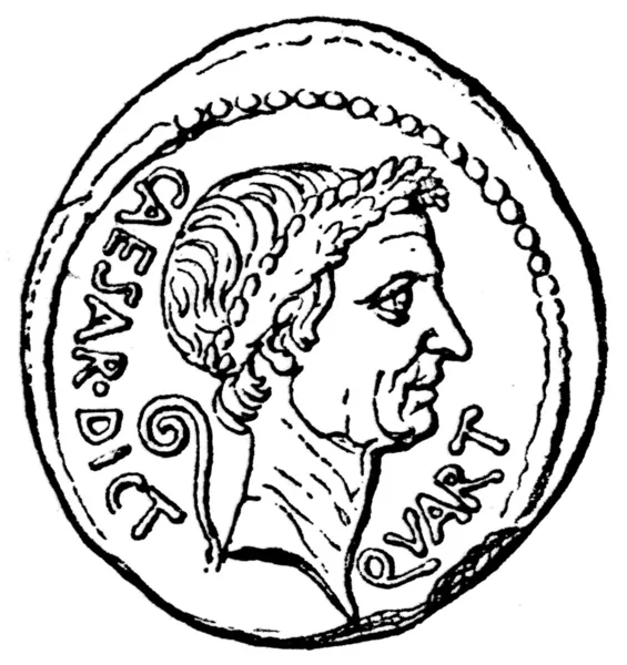 Цезарь Голова со знаком диктатора, динарий Юлия Цезаря — стоковое фото