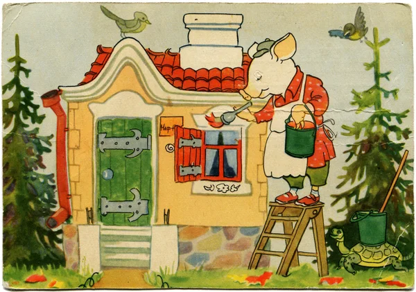 Die drei kleinen Schweine, alte Postkarte — Stockfoto