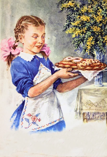 Chica con un pastel — Foto de Stock