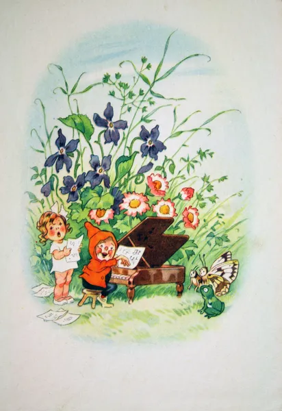 Dwarf accompanies on the piano singing gir — Stock Photo, Image