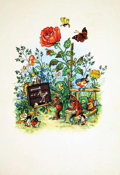 Frog School, antique postcard — Stock Photo, Image