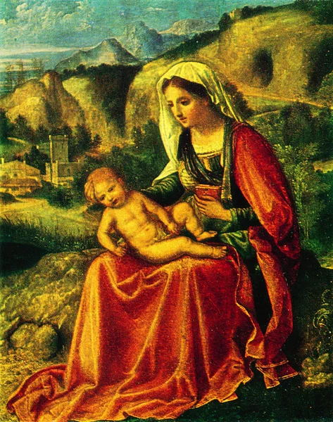 Giorgione - η Παναγία Βρεφοκρατούσα σε ένα τοπίο. — Φωτογραφία Αρχείου