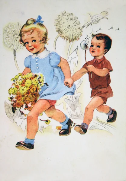 Dziewczyna i chłopak z mniszek lekarski — Zdjęcie stockowe