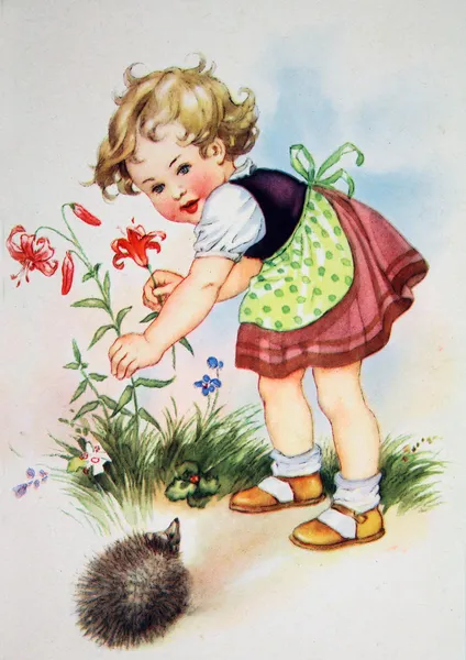 Meisje einden een bloem ernaast zit een egel — Stockfoto
