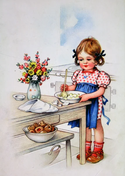 Lány coocking, antik képeslap — Stock Fotó