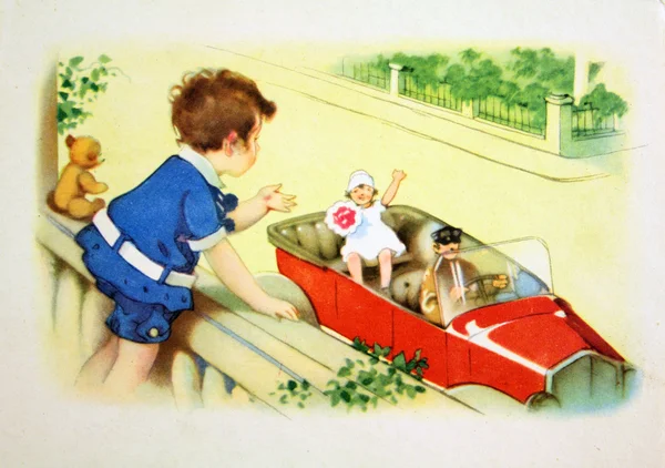 Κορίτσι, περνώντας σε ένα αυτοκίνητο που κυματίζει στο αγόρι — Φωτογραφία Αρχείου