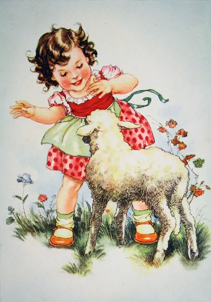 Fille jouant avec l'agneau — Photo