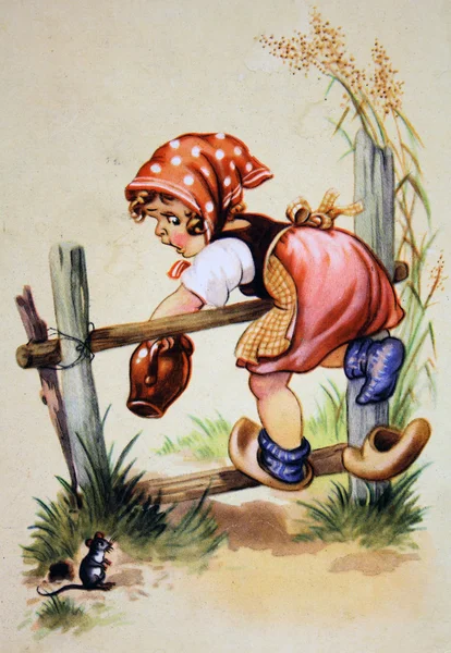 Menina com um jarro subiu sobre a cerca — Fotografia de Stock