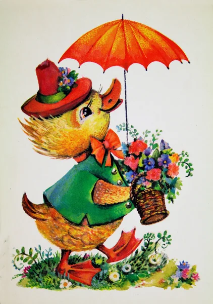 Canard sous un parapluie rouge — Photo