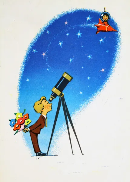 Jongen kijkt door een telescoop op het kleine meisje in een raket — Stockfoto