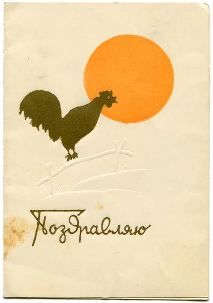 Greetenga cartolina mostra gallo canta sulla recinzione sole nascente — Foto Stock