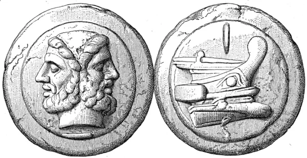 Cabeza de Janus, el barco lanzó moneda romana como —  Fotos de Stock