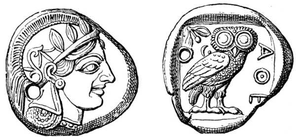Глава Паллады, Совы, Тетрадрахмона Афины, эпохи персов — стоковое фото