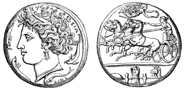 Cabeça de Perséfone, a carruagem vitoriosa, troféus, Dekadrahmo — Fotografia de Stock