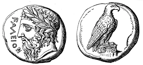 Cabeça de Zeus, a águia, Didrahmon Elidsky, aproximadamente 400 BC — Fotografia de Stock