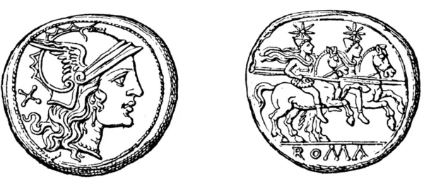 Κεφαλή θεάς Ρομά, Κάστωρ και Πολυδεύκης, ρωμαϊκό denarius — Φωτογραφία Αρχείου