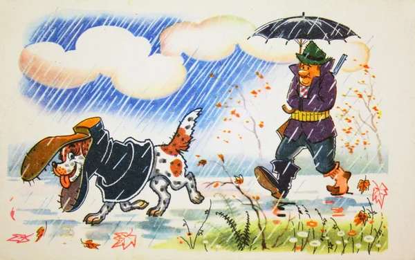Hunter and dog under the rain — Stock Photo, Image