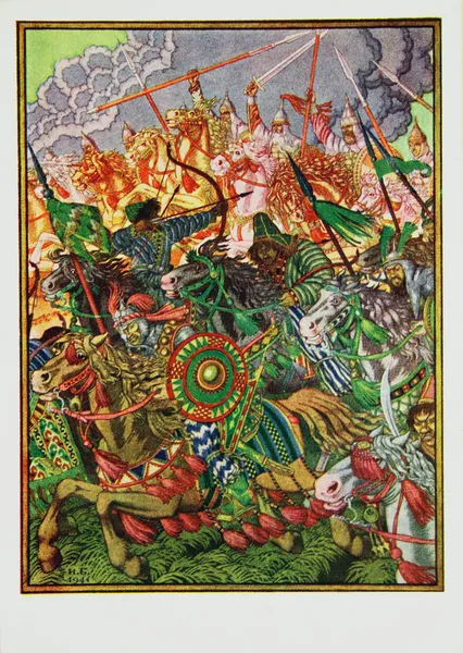 СССР - CIRCA 1941: Воспроизведение антикварной открытки показывает иллюстрацию Ивана Билибина к рассказу об Игоревской кампании 1941 года — стоковое фото