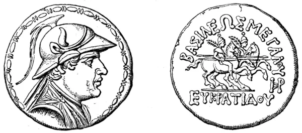 Rei, Castor e Pollux, Tetradrahmon do rei bactriano Evkratid , — Fotografia de Stock