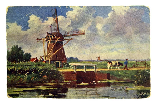 Postcard printed in the Germany shows Landscape with windmills — Stock Photo, Image