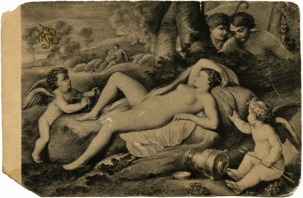 Nicolas poussin - sovande venus och cupid, alte meister gallerie — Stockfoto