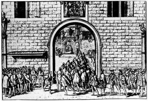 Проходя компромисс Маргарита Пармская в 1565 году, выгравировав М. Эйцина — стоковое фото