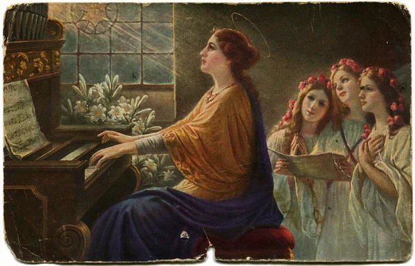 Heilige Cecilia spielt die Orgel und singt einen Psalm drei Mädchen, ge — Stockfoto