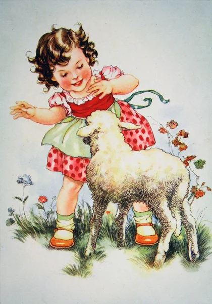 Girl playing with the lamb — Stock Photo, Image