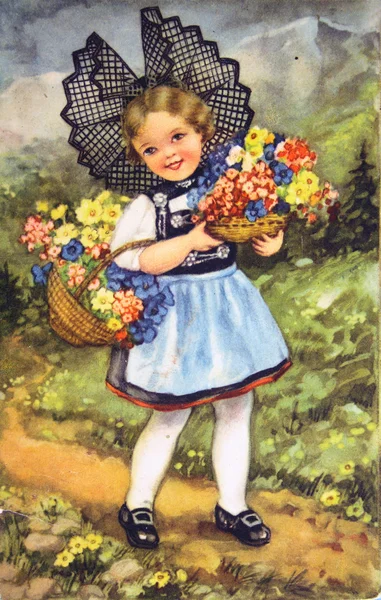 Girl with two baskets of flowers — Stock Photo, Image