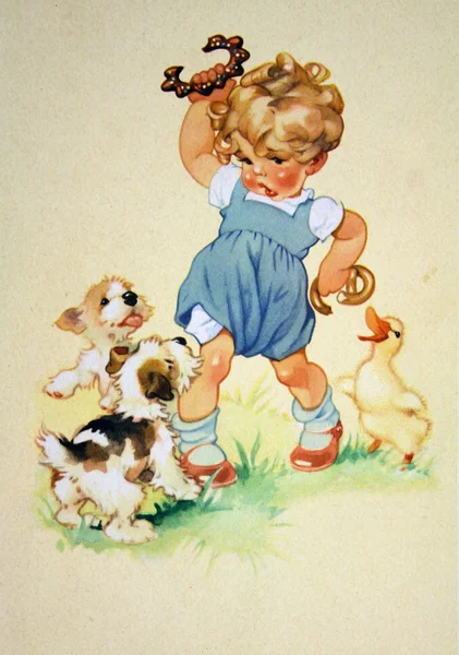 Puppies and goose trying to rob girls buns — Stock Photo, Image