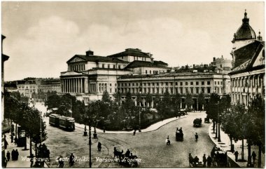 Antique postcard printed in Polland shows Theatre Square in Warsaw clipart