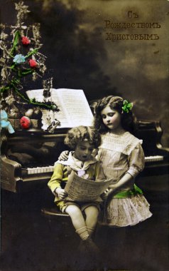 Girl and boy near piano clipart