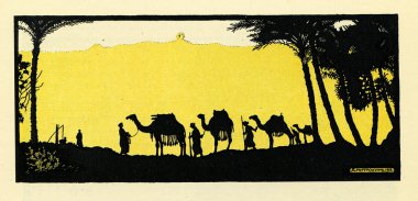 Merchant caravan of camels in oasis clipart