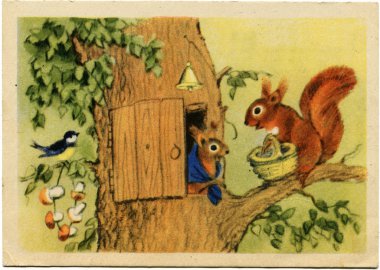 Picture artist N Ushakova shows Family of squirrels near the hou clipart
