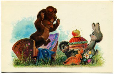 Rabbit, squirrel and hedgehog present Bear cake, artist in Zarub clipart