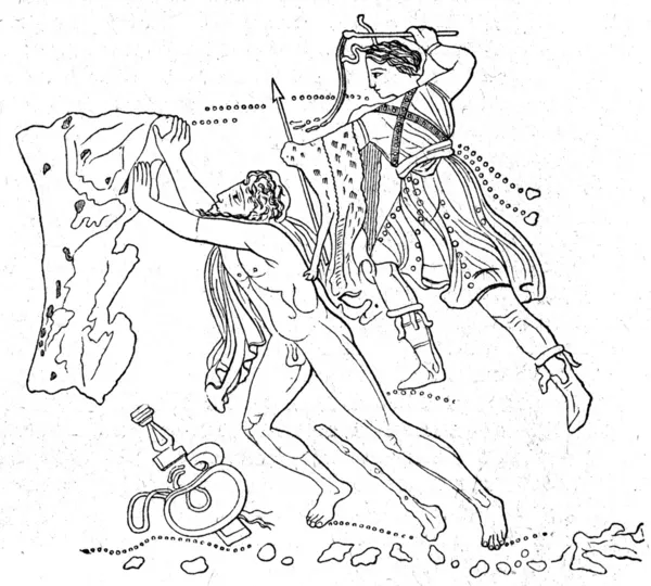 Sisyfos, westering sten upp i backen, och en av erin, ritning — Stockfoto