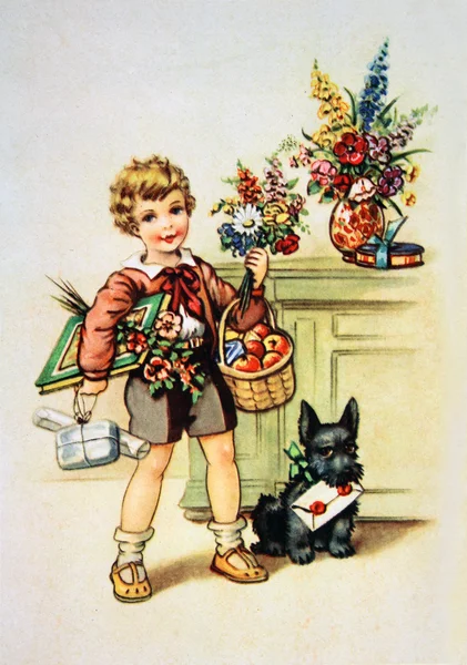 Мальчик с подарками, антикварная открытка — стоковое фото