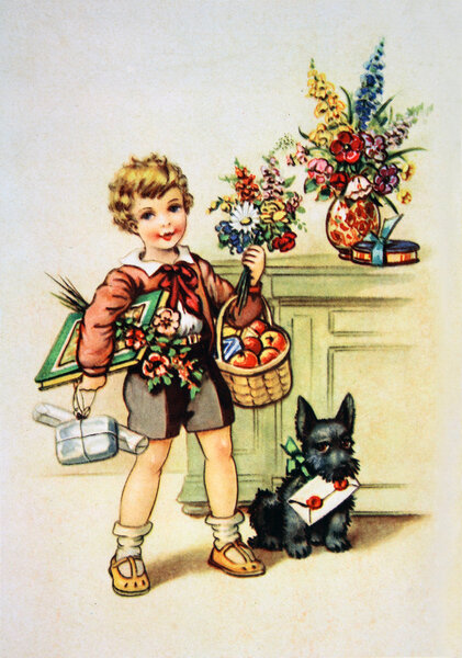 Boy with gifts, antique postcard