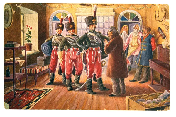Three Hussars talk to the landowners in the background, three se — Stock Photo, Image