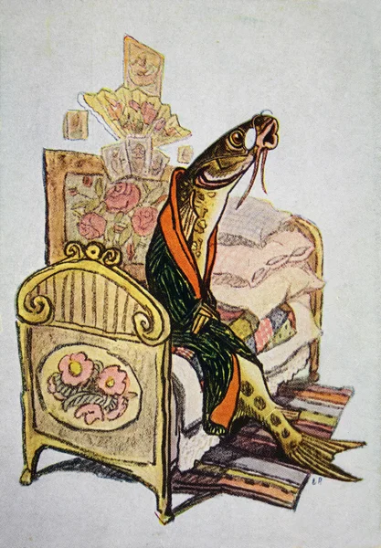 Ussr - um 1957: Reproduktion einer antiken Postkarte zeigt den weisen Quappen - Illustration der Geschichte von Michail Saltykow-shchedrin, um 1957 — Stockfoto
