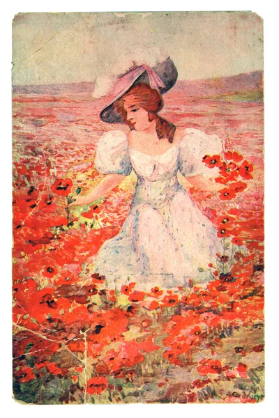 Femme sur le champ florissant des coquelicots — Photo