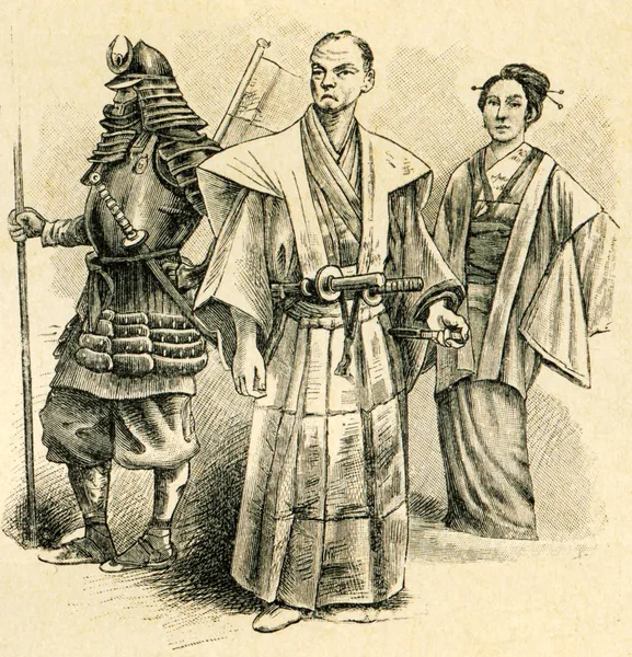 Αρχαία ιαπωνική πολεμιστής, ένας αξιωματικός και μια κυρία — Φωτογραφία Αρχείου