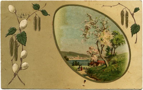 Ramos de medalhão de quadro de salgueiro com uma paisagem de primavera — Fotografia de Stock