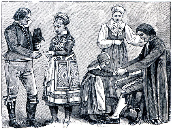 Жених и невеста и крестьянская семья в шведском национальном костюме — стоковое фото