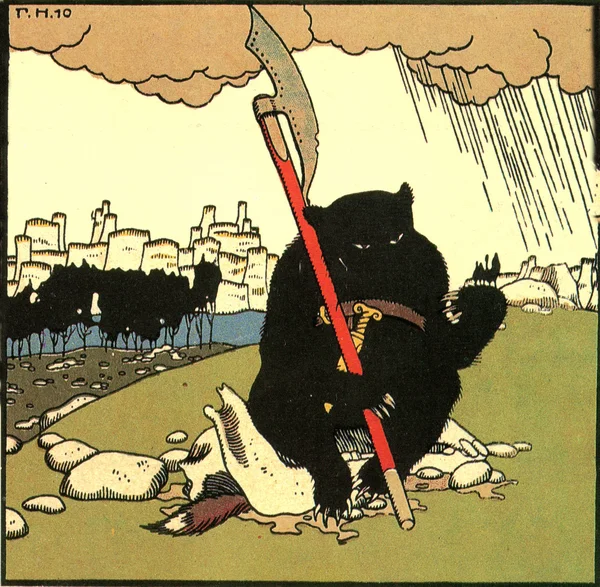 Liebre se enfrenta a un cráneo de caballo en el que tiene un ratón y una rana ilustraciones de Gregory Narbut cuento popular ruso "Mansión", editor Joseph Knebel, Moscú, 1910 — Foto de Stock