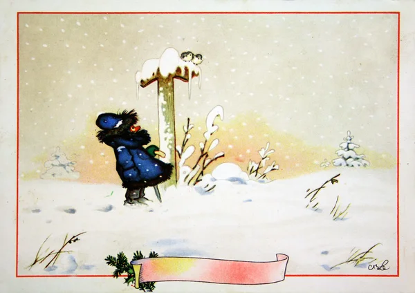 Postcard printed in GDR shows man in the storm on snowly field — Stock Photo, Image