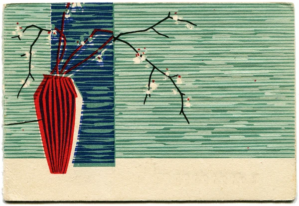 グリーティングカードは、アルダーの本格的な枝を持つ花瓶を示しています — ストック写真