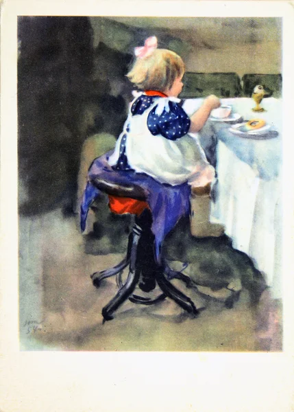 Little girl at dinner table — Stock Photo, Image