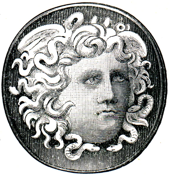 Parte superior do anel com a cabeça Medusa, Grécia Antiga — Fotografia de Stock